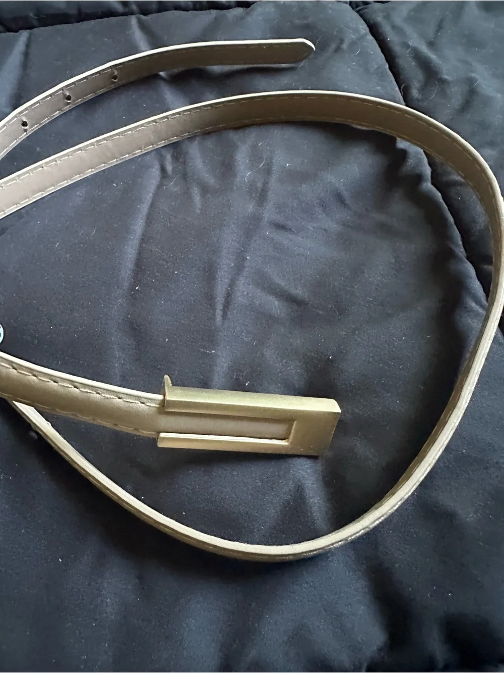 Slim Beige Leather Belt with Gold Rectangular Buckle
